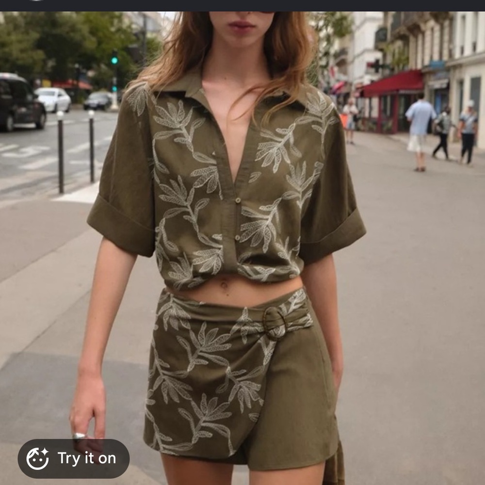 Zara Olive Green Embroidered Top